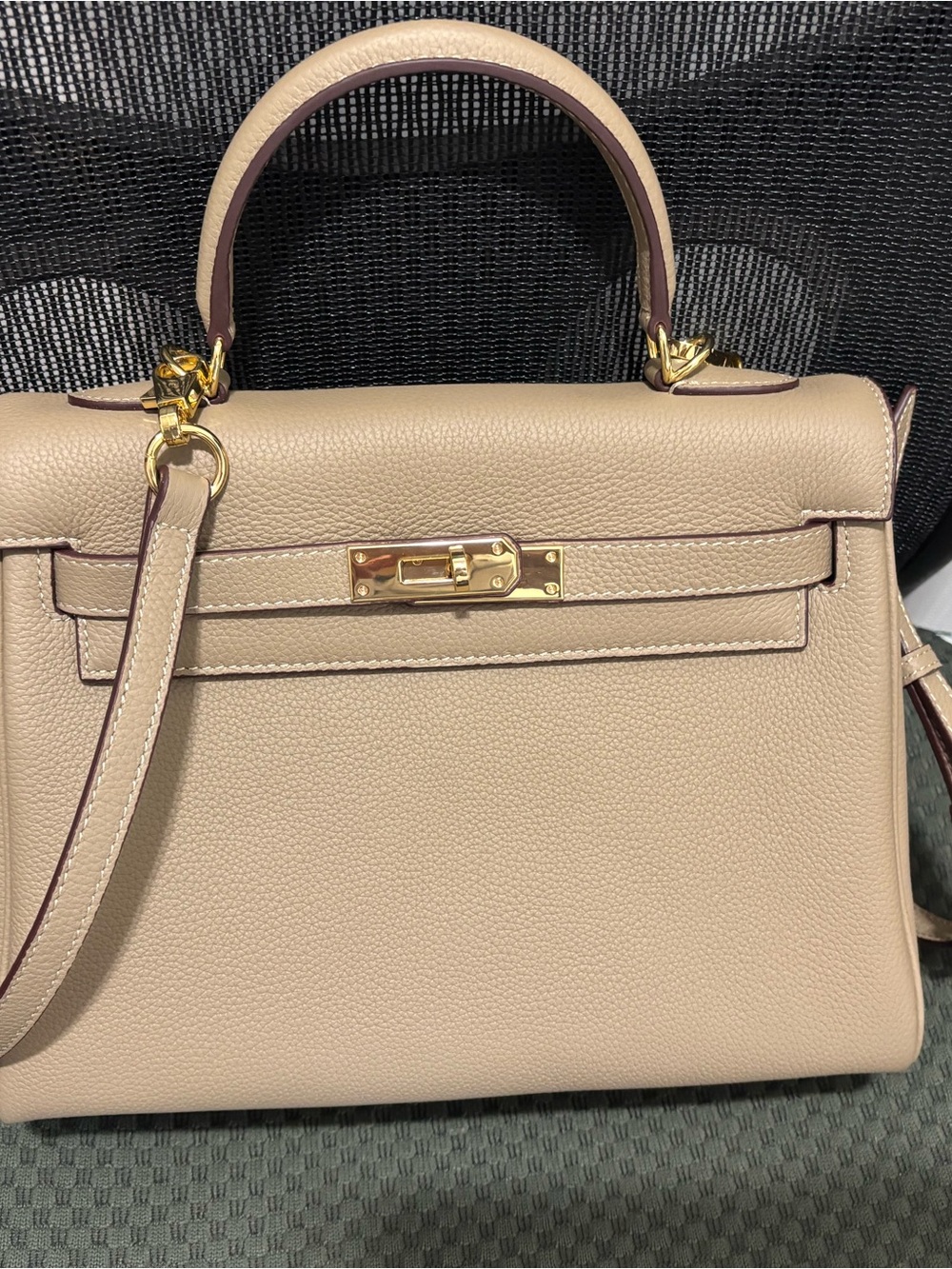Taupe Top-Grain Leather Bag with Gold Hardware